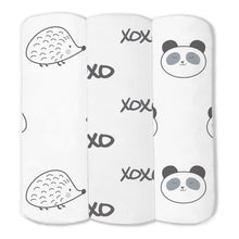 Load image into Gallery viewer, Muslin Baby Squares - Hedgehog, xoxo, Panda (Set of 3) (5675833983128)
