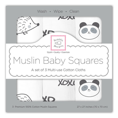 Muslin Baby Squares - Hedgehog, xoxo, Panda (Set of 3) (5675833983128)