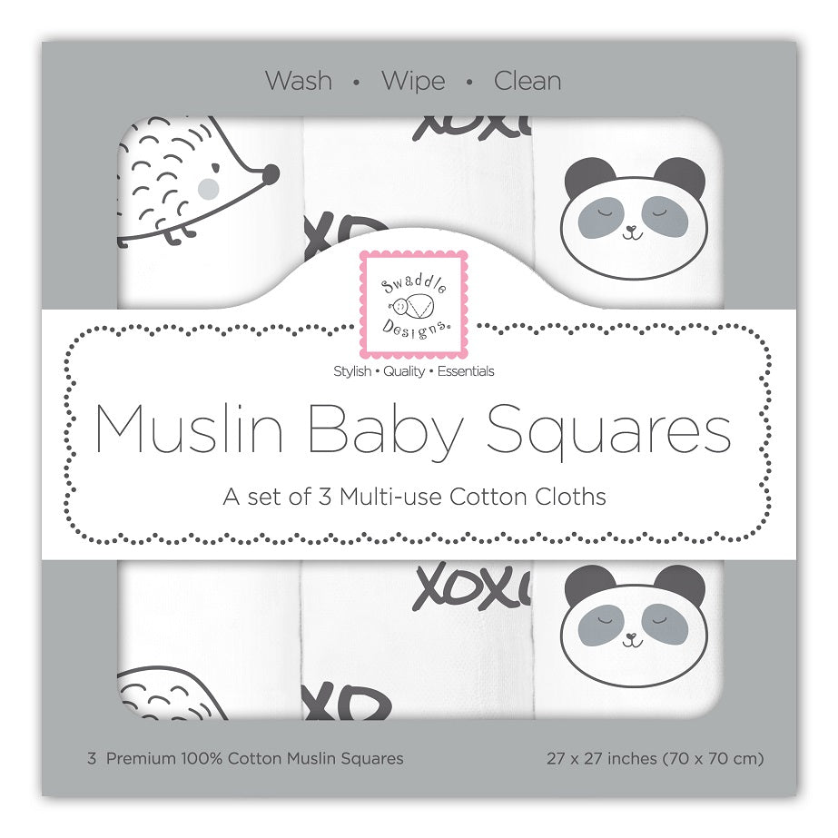 Muslin Baby Squares - Hedgehog, xoxo, Panda (Set of 3) (5675833983128)